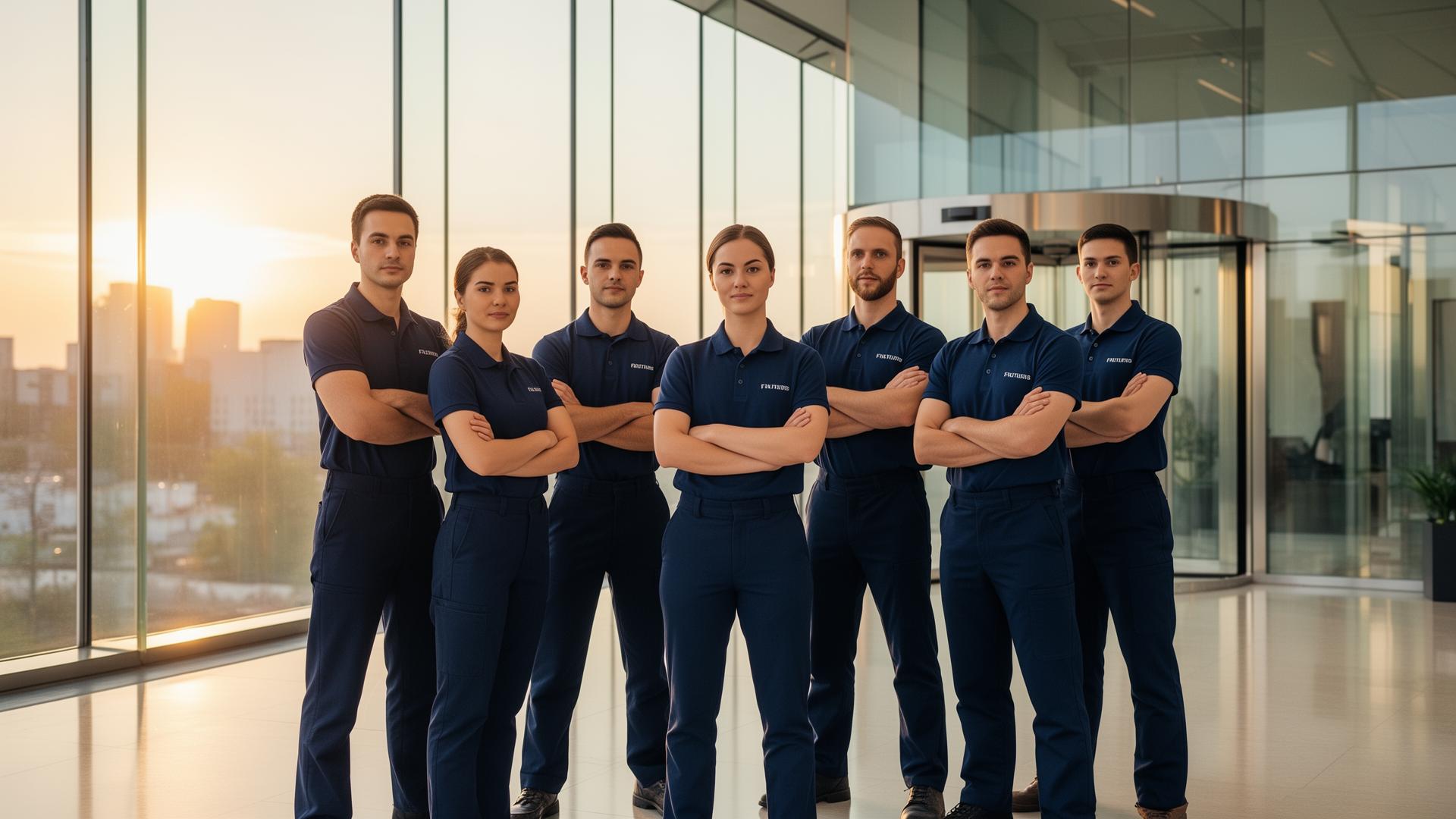 Professionelles Reinigungsteam von weissperle in einem modernen Bürogebäude